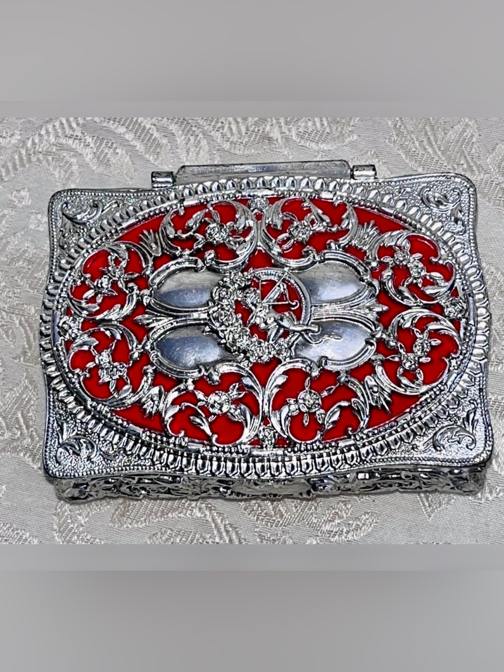 Vintage 1970s Ornate Silver-Tone Trinket Box with Red Velvet Liner Cupid Motif